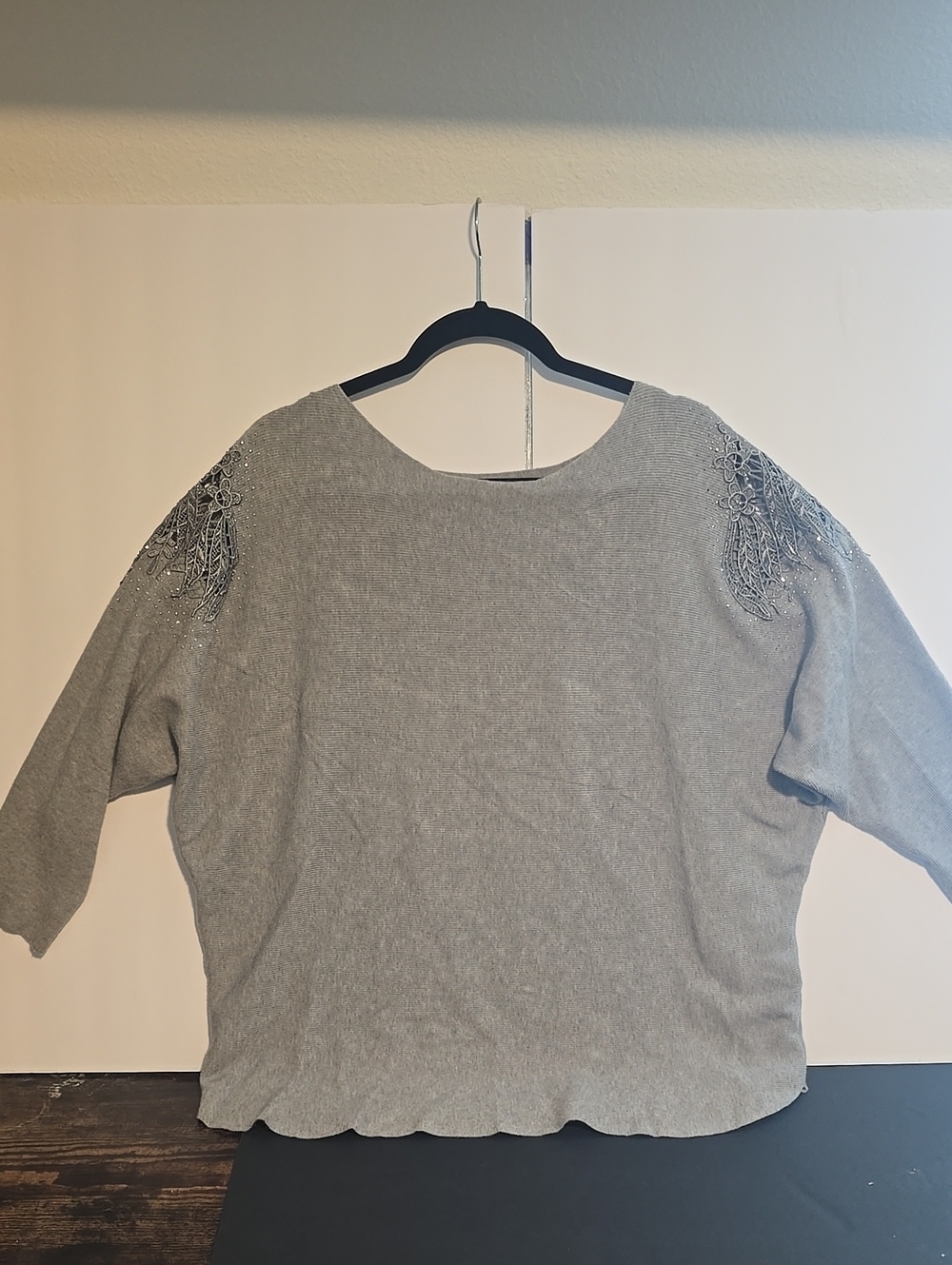 Women's Gray Beaded Shoulder Scoop-Neck Sweater